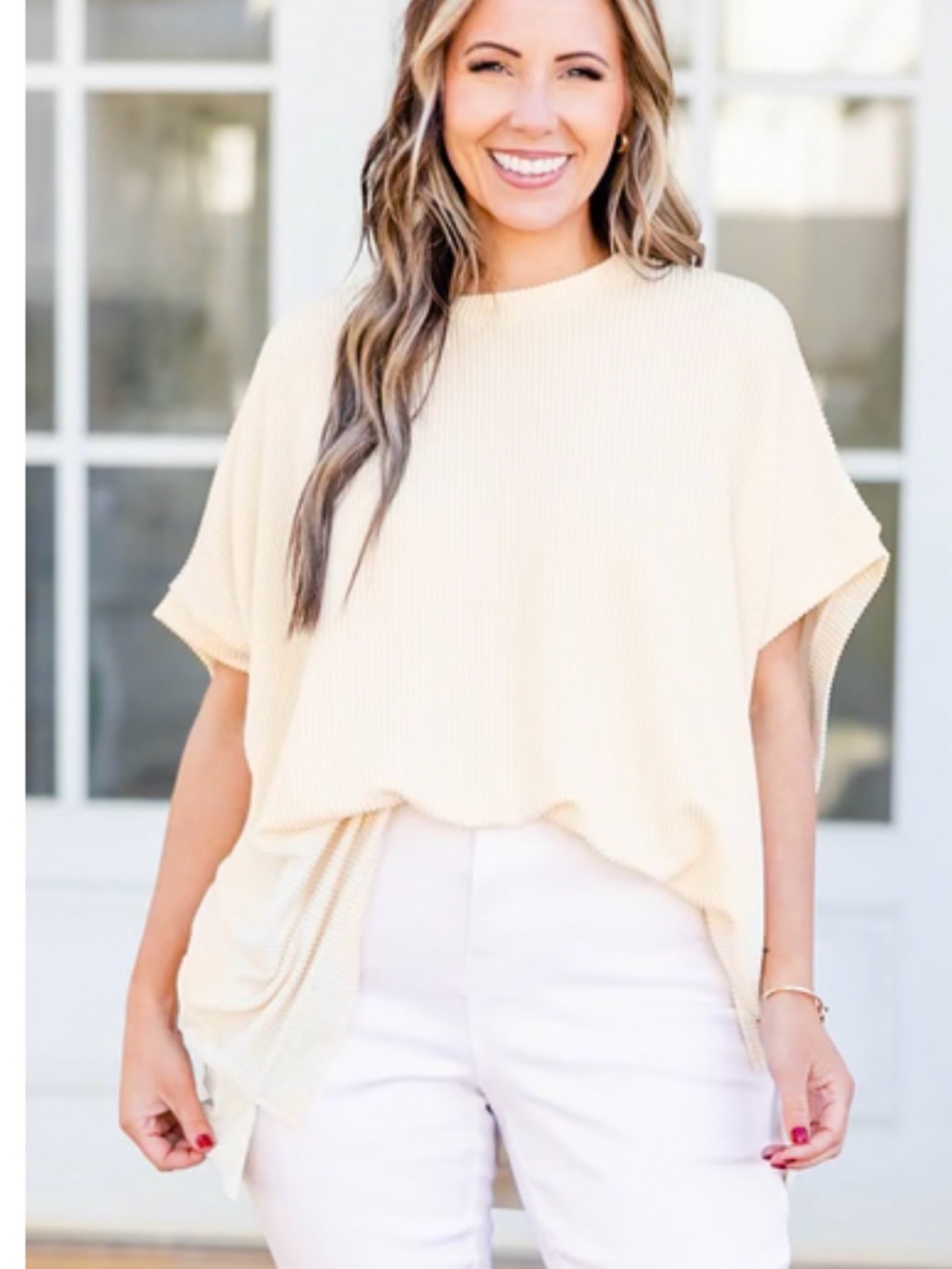Cream ribbed Knit Short-Sleeve Top - Women's Lightweight Pullover